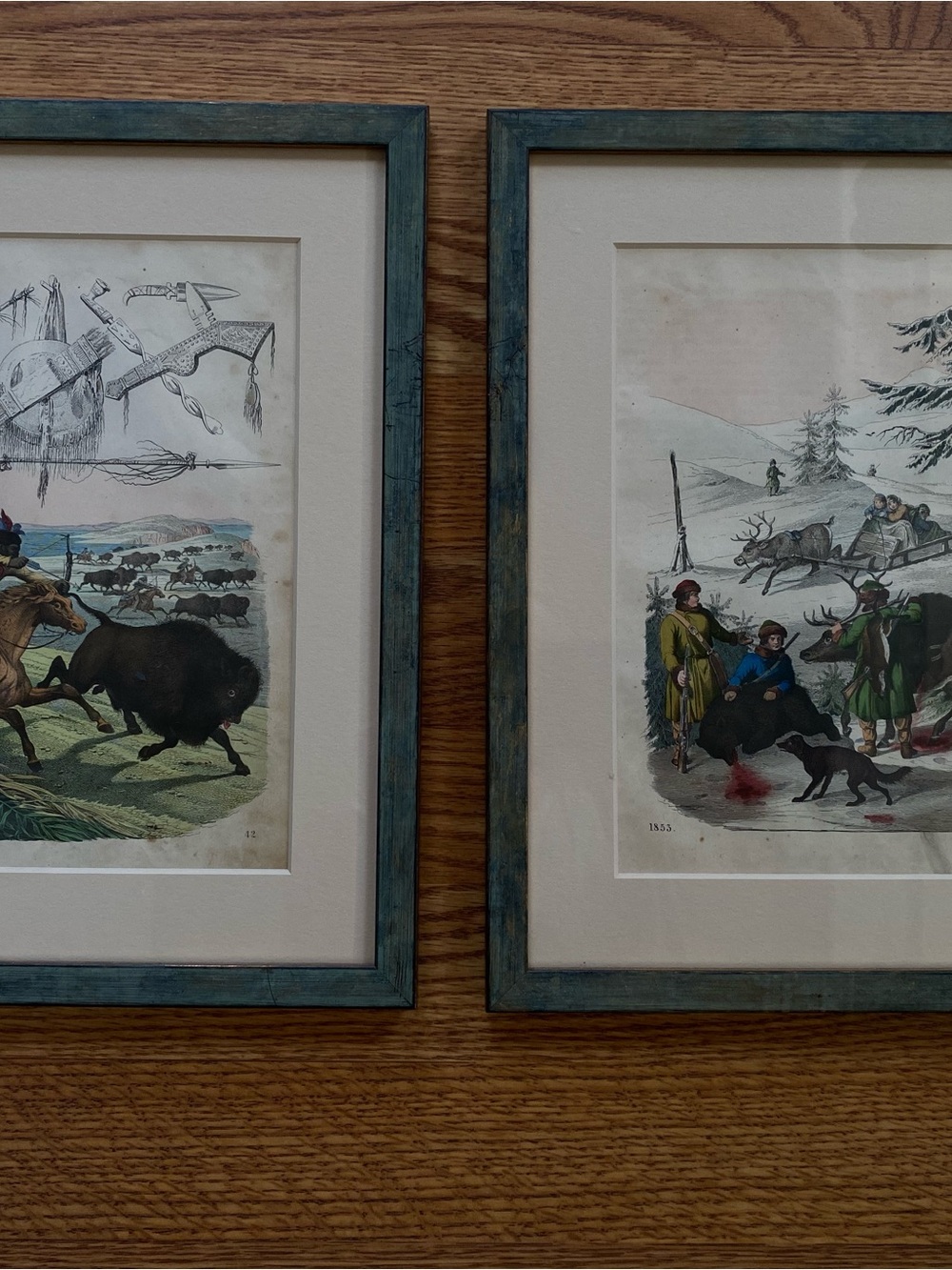Two antique framed prints of color engraving by Peter Rindisbacher ( #28 & #42)